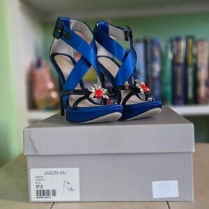 NIB Jason Wu “Marisa” Crystal Embellished Sandals in Blue Satin, IT 37.5 (US 7)